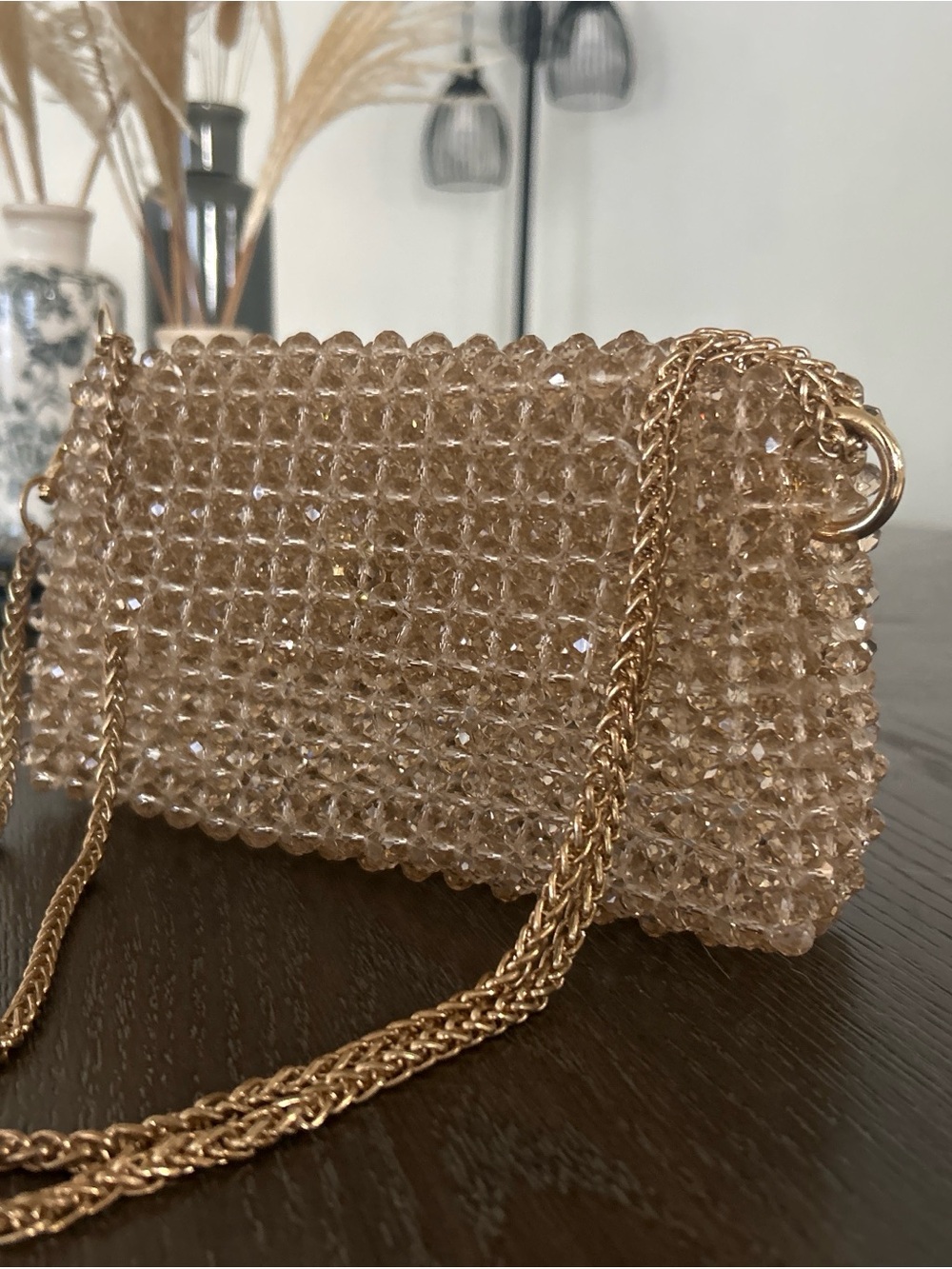 Crystal-Beaded Shoulder Bag in Champagne with Gold Chain
